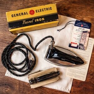 Vintage GE Travel Iron w Box & Paperwork | Mid Century Utility Collectible